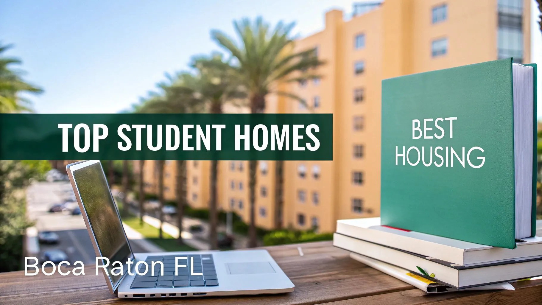 A laptop and books sit on a wooden table outdoors with palm trees and a yellow apartment building in the background. Text reads: 