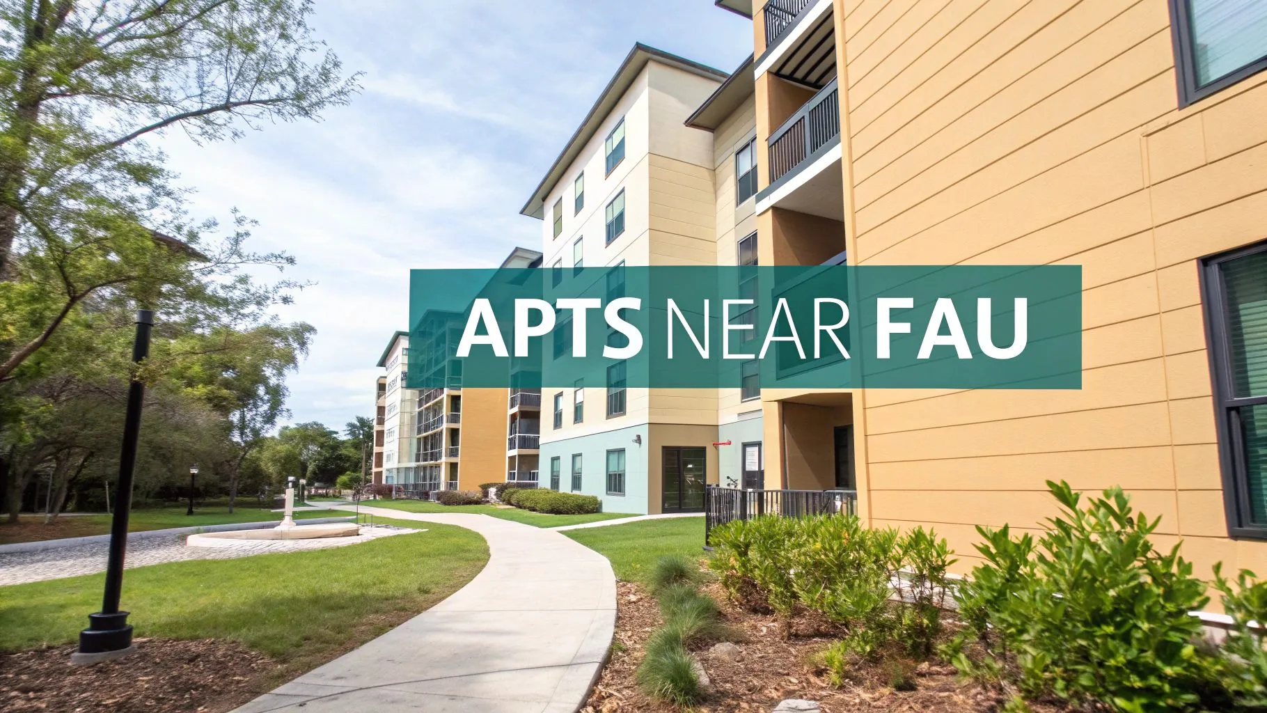 Yellow apartment buildings with balconies and large windows line a curved sidewalk, surrounded by grass and trees. Overlay text reads 