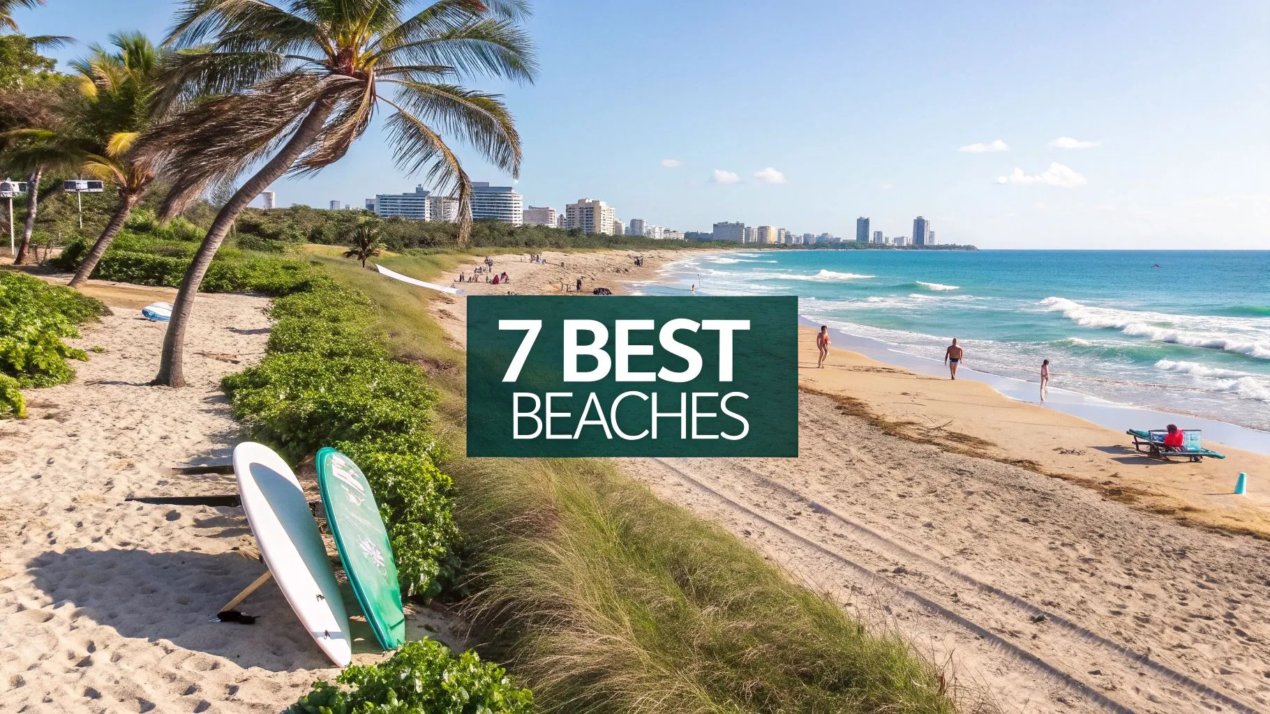 Sunny beach with palm trees, surfboards in the sand, people relaxing and walking along the shoreline, with ocean waves and city buildings in the background. Text overlay reads