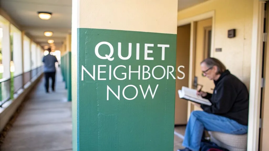 A green and white pillar in an apartment hallway displays the words 