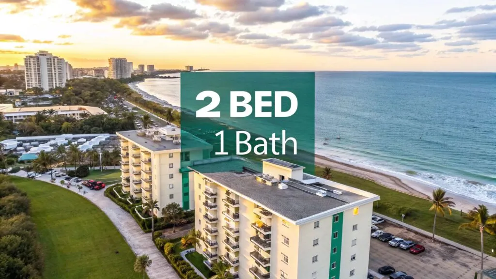Aerial view of beachfront apartment buildings at sunset, with a text overlay reading 