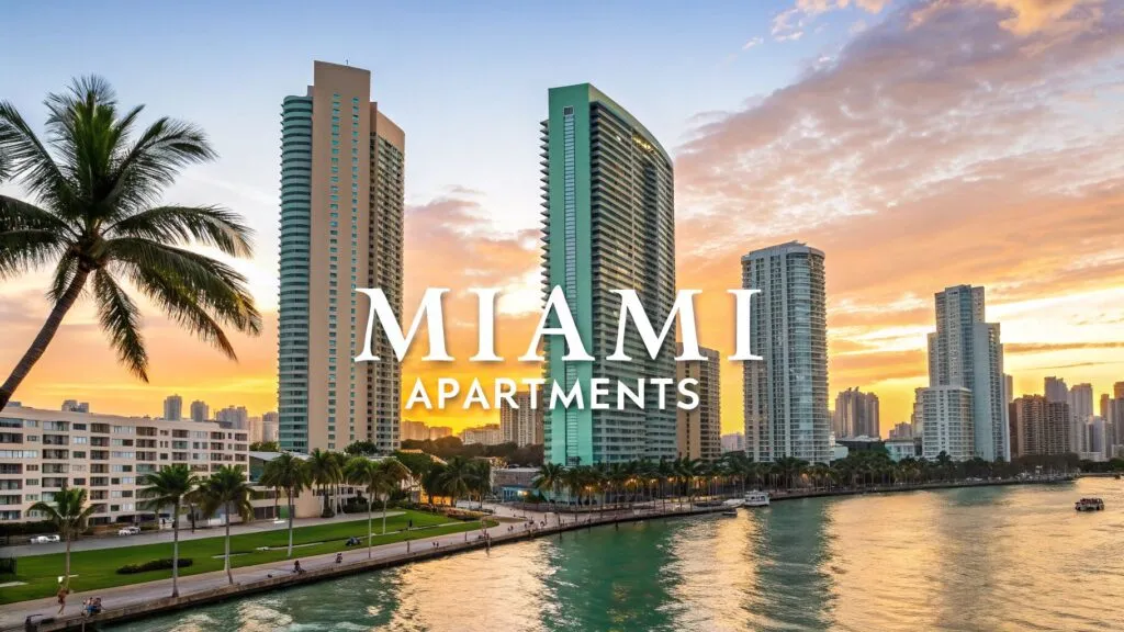 Sunset view of tall modern apartment buildings by the waterfront in Miami, with palm trees and a calm canal in the foreground. The text 