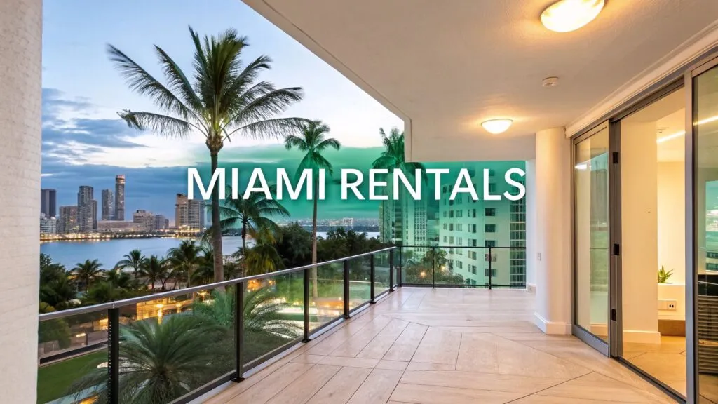 Spacious balcony of a modern apartment overlooking palm trees, water, and Miami skyline at sunset, with the text 