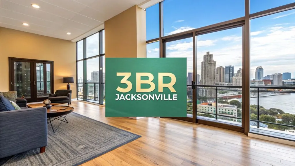Modern, spacious apartment living room with floor-to-ceiling windows overlooking a city skyline and river. A green sign in the center reads 