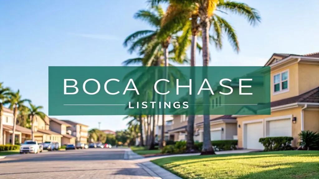 A suburban street lined with palm trees and modern houses, with the text 