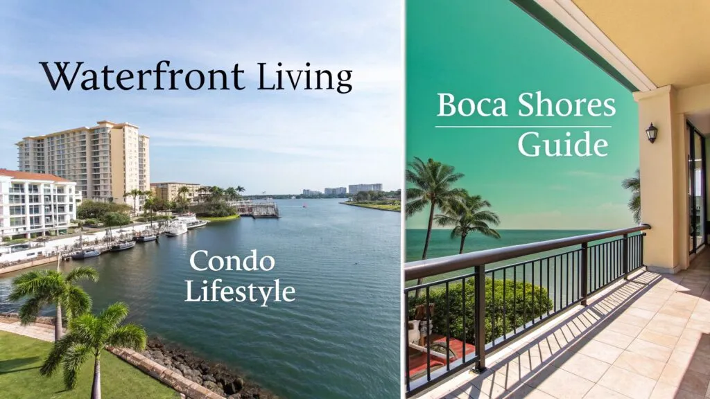 Split image: Left side shows waterfront condos and palm trees beside a calm waterway with text 