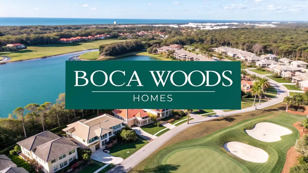 Aerial view of a golf course surrounded by upscale homes, a lake, and lush greenery under a blue sky. Text overlay reads 