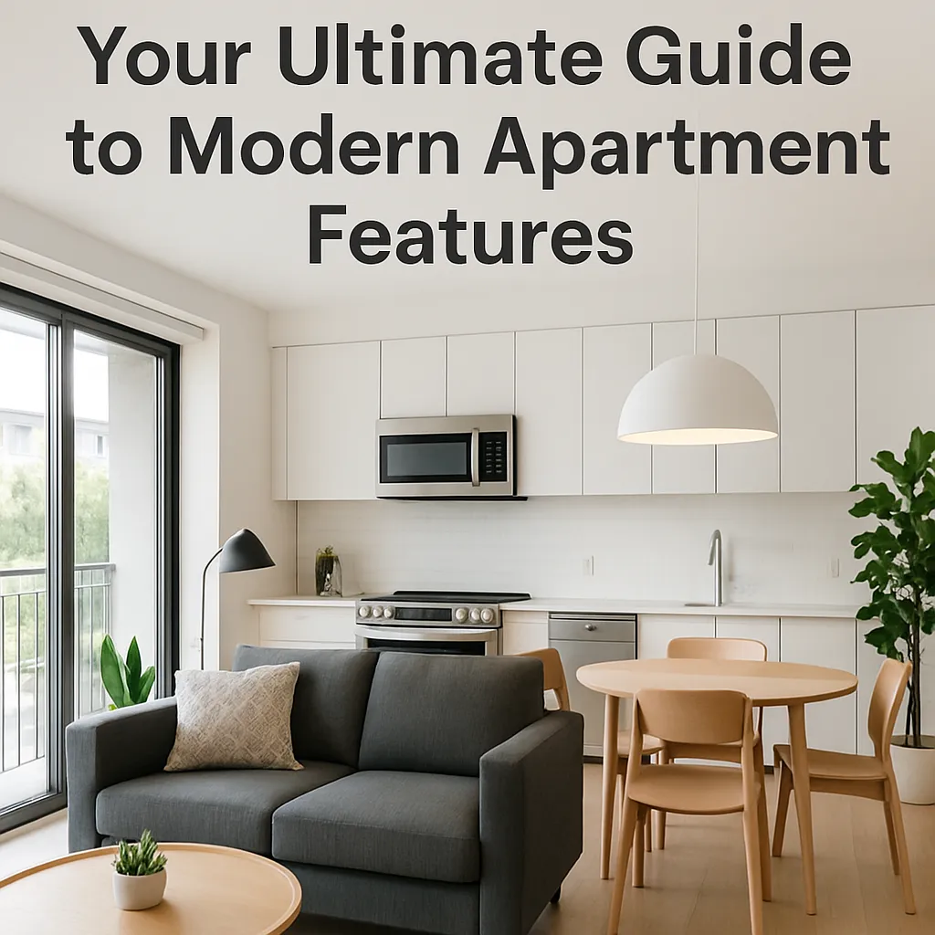 A modern apartment living area with a gray sofa, round wooden dining table, white cabinets, built-in appliances, large window with a balcony, and the text 