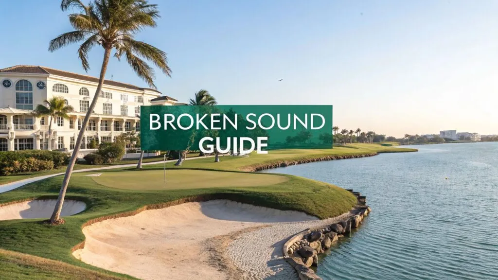 A waterfront golf course with sand bunkers, palm trees, and a large white building. The text 