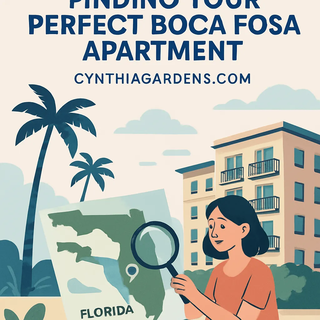 Illustration of a woman holding a magnifying glass over a map of Florida, with palm trees and an apartment building in the background. Text reads: 