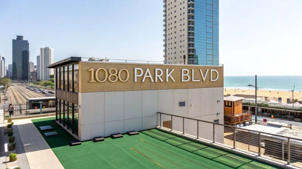A rooftop area with green artificial turf is shown, featuring a large sign reading 