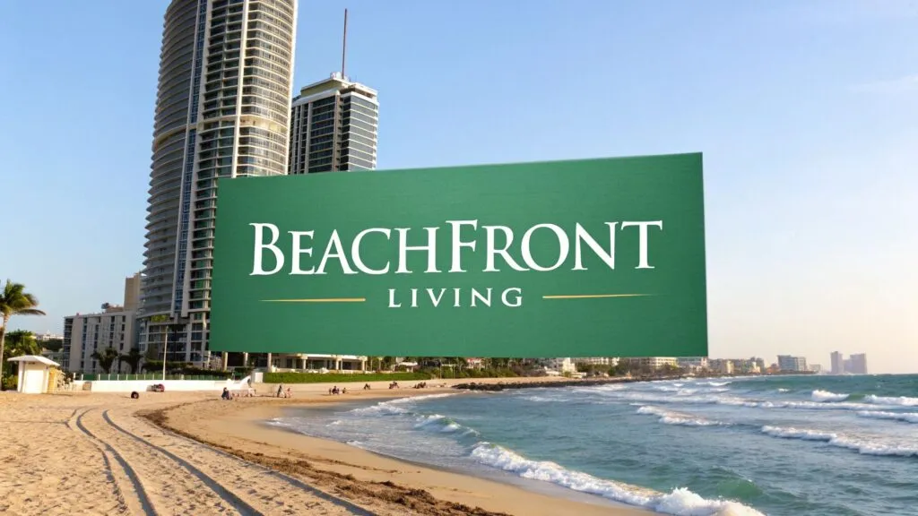 A sandy beach with gentle waves and high-rise buildings in the background, featuring a large green sign that reads 