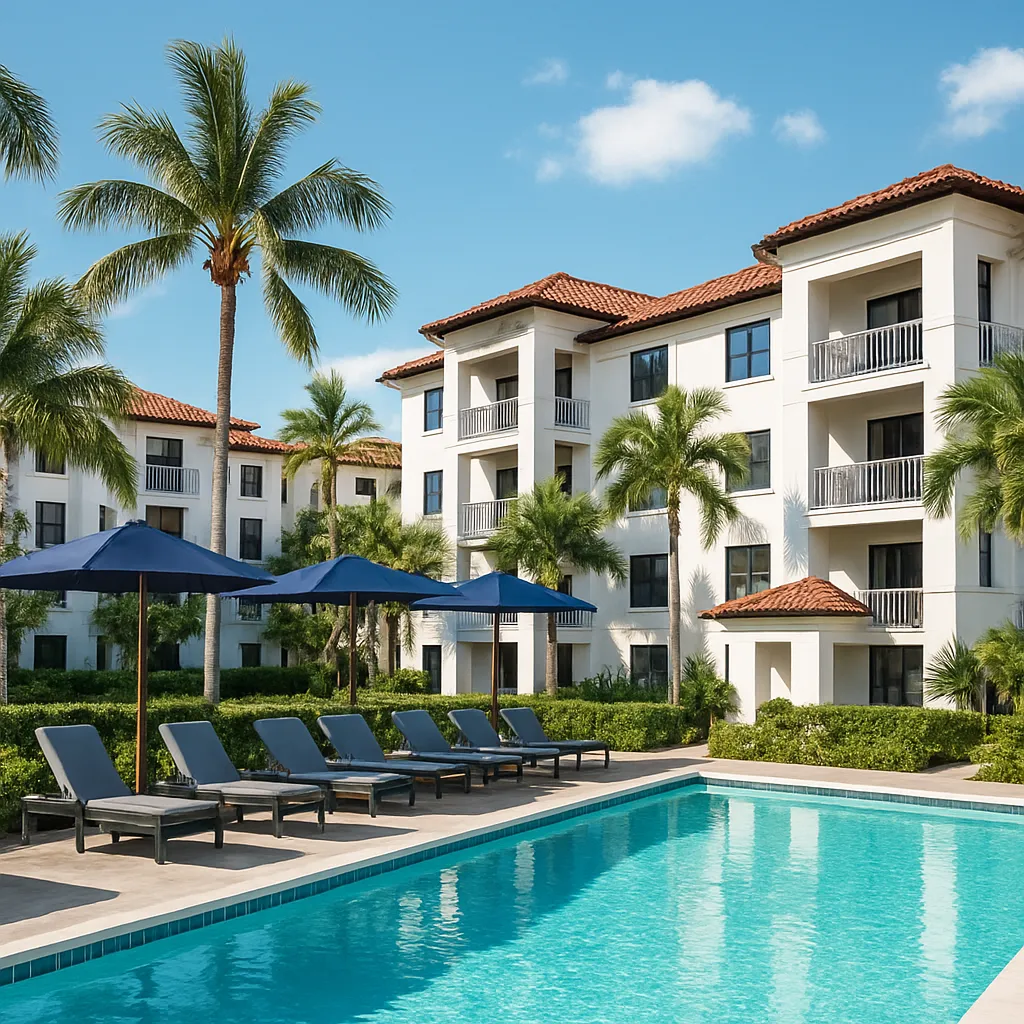 A modern apartment complex with white buildings and red-tiled roofs surrounds a swimming pool lined with lounge chairs and blue umbrellas, set among palm trees under a sunny sky.