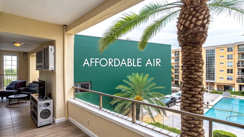 A modern balcony with a palm tree, view of a swimming pool, and neighboring apartment buildings. The words 
