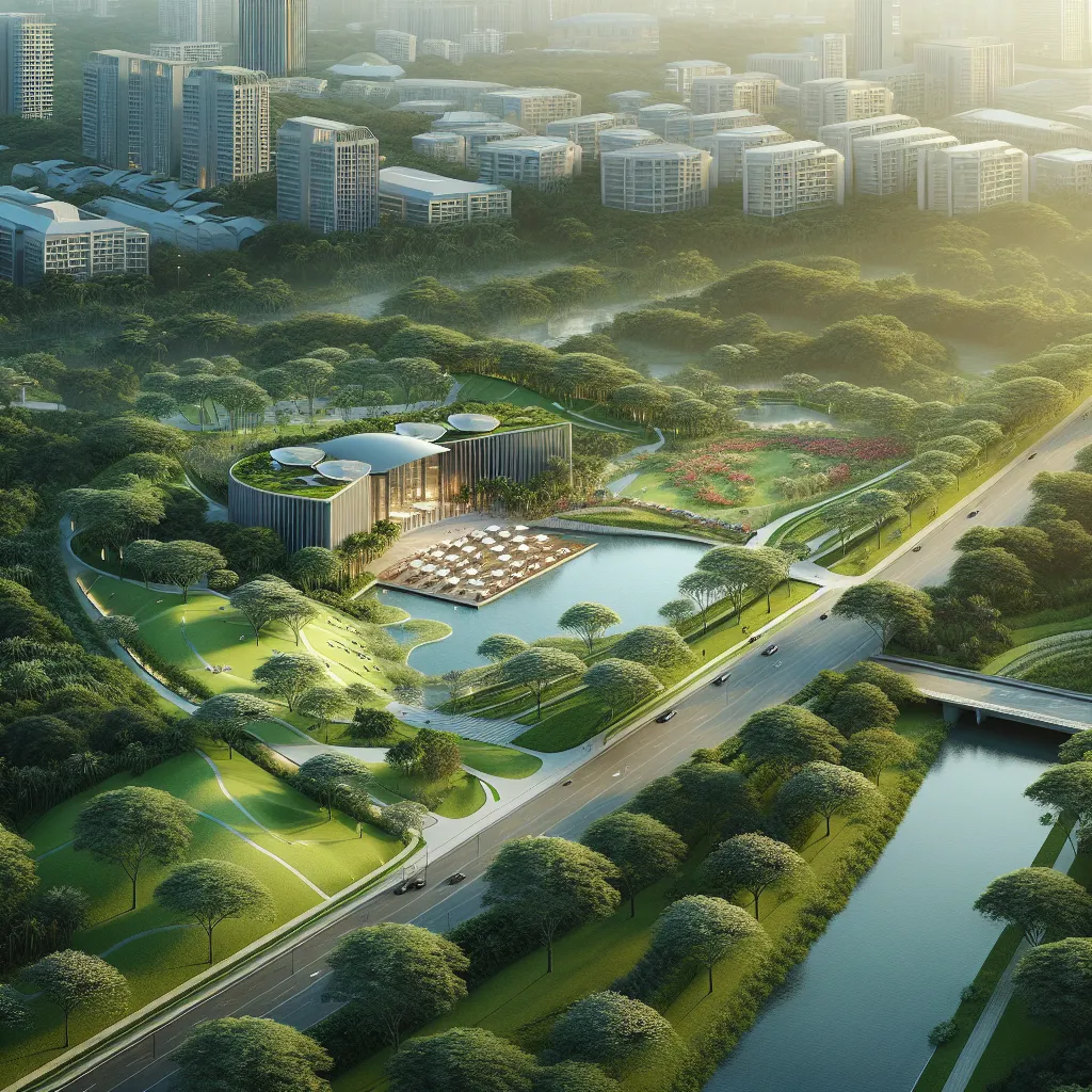 A modern building with a rooftop garden sits beside a pond and landscaped park area, surrounded by lush greenery, near a road and a canal, with city buildings in the background.
