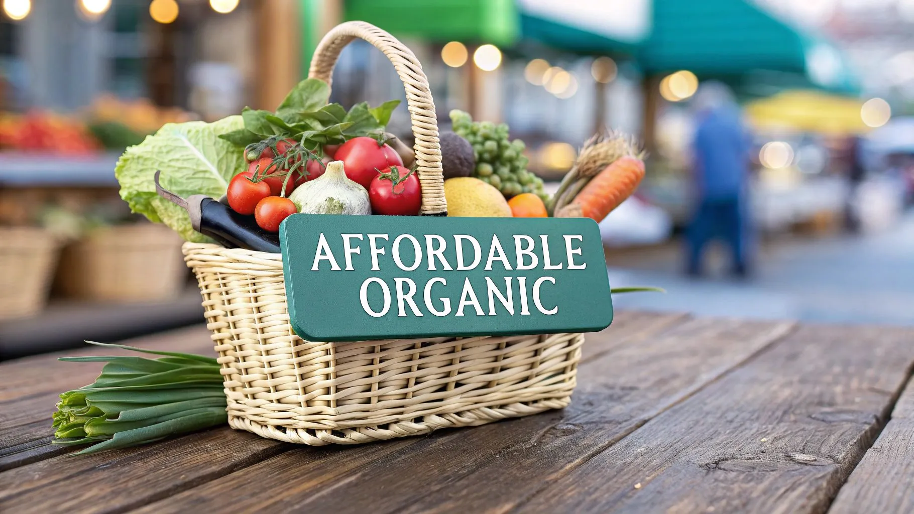 A wicker basket filled with fresh vegetables and greens sits on a wooden table. A green sign on the basket reads 