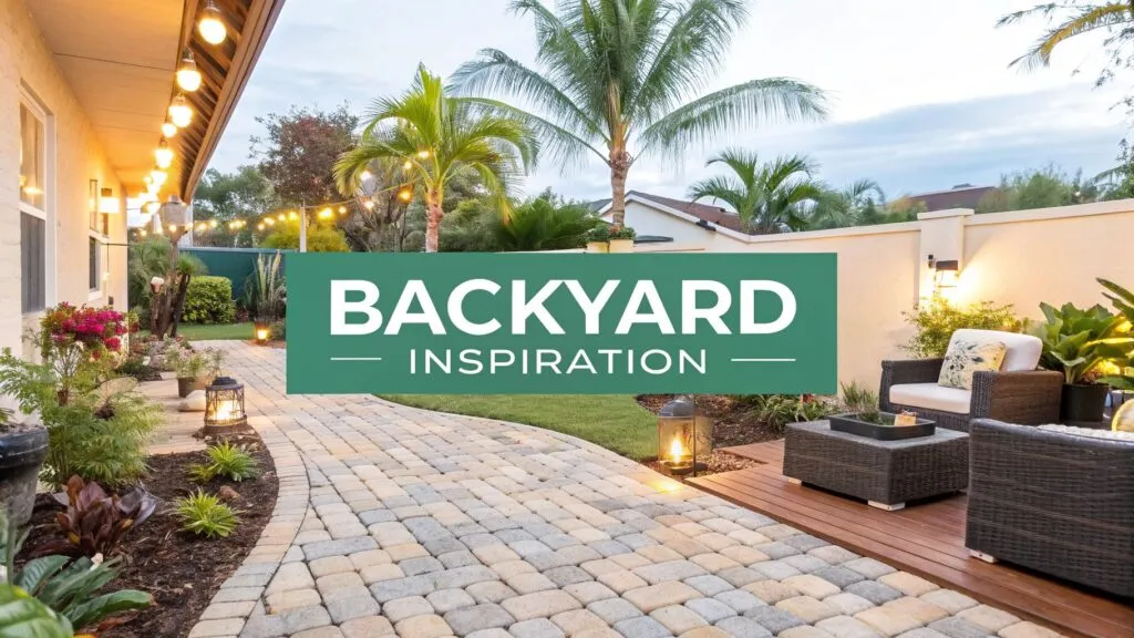 A stylish backyard with string lights, patio furniture, tropical plants, pavers, and lanterns at dusk. A green sign in the center reads 