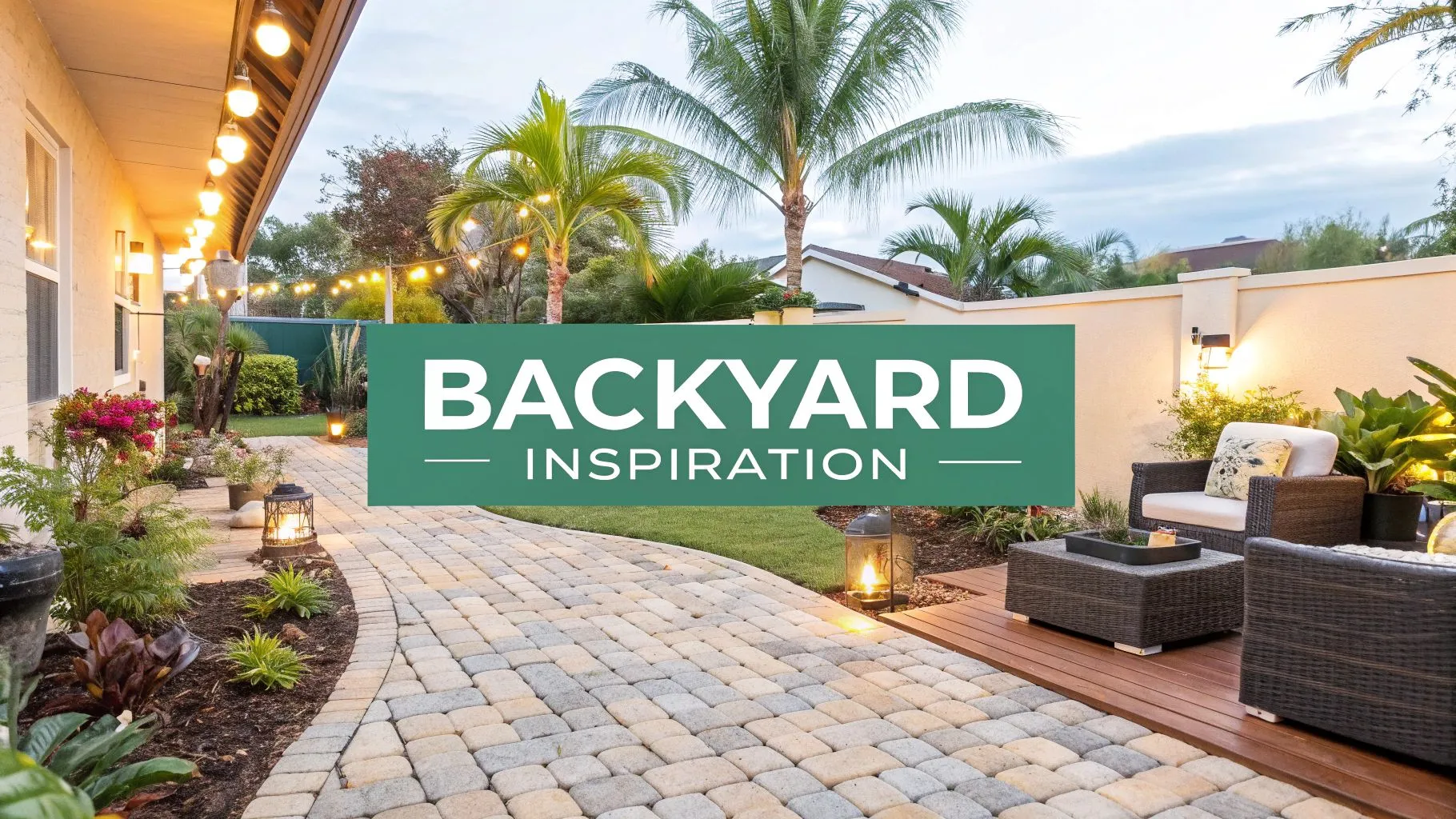 A stylish backyard with string lights, patio furniture, tropical plants, pavers, and lanterns at dusk. A green sign in the center reads 