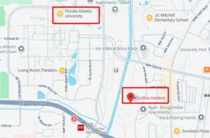 A map highlighting Florida Atlantic University in the northwest and Cynthia Gardens in the southeast, plus landmarks like CVS, Living Room Theaters, Domino's Pizza, and nearby FAU apartments for convenient Boca Raton living.