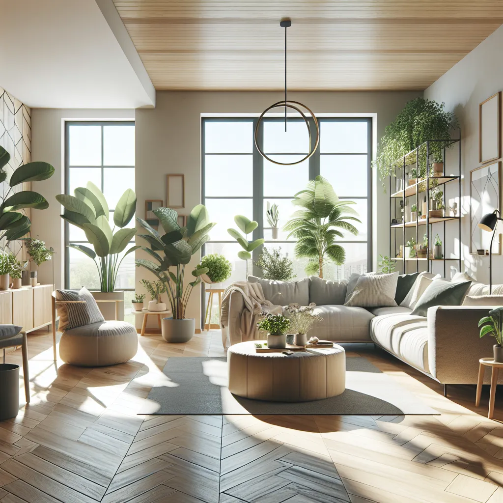 A bright, modern living room filled with lush green plants, large windows letting in sunlight, neutral-colored furniture, a round coffee table, and wooden flooring. The space feels airy and inviting.