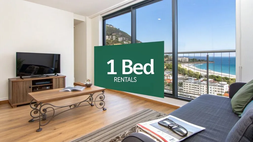 A modern living room with a wooden floor, TV, coffee table, and couch, featuring large windows overlooking the beach and ocean. A green sign reads 