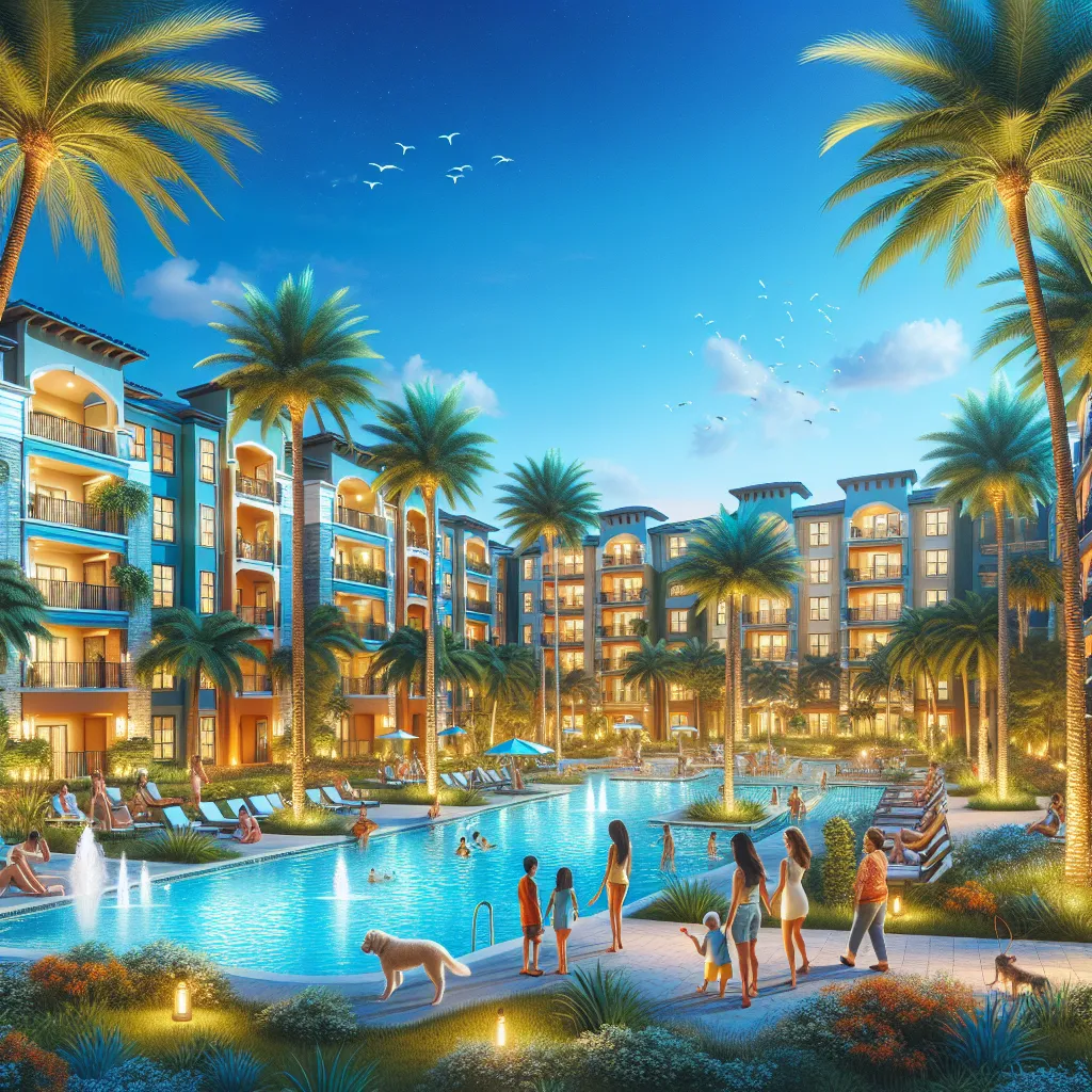 A vibrant resort scene at dusk features a large swimming pool surrounded by palm trees, families with children, people relaxing poolside, and multi-story buildings lit with warm lights in the background.