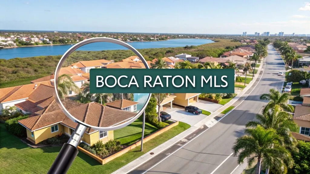 Aerial view of a suburban neighborhood with palm trees, houses, and a waterway. A magnifying glass highlights the words 
