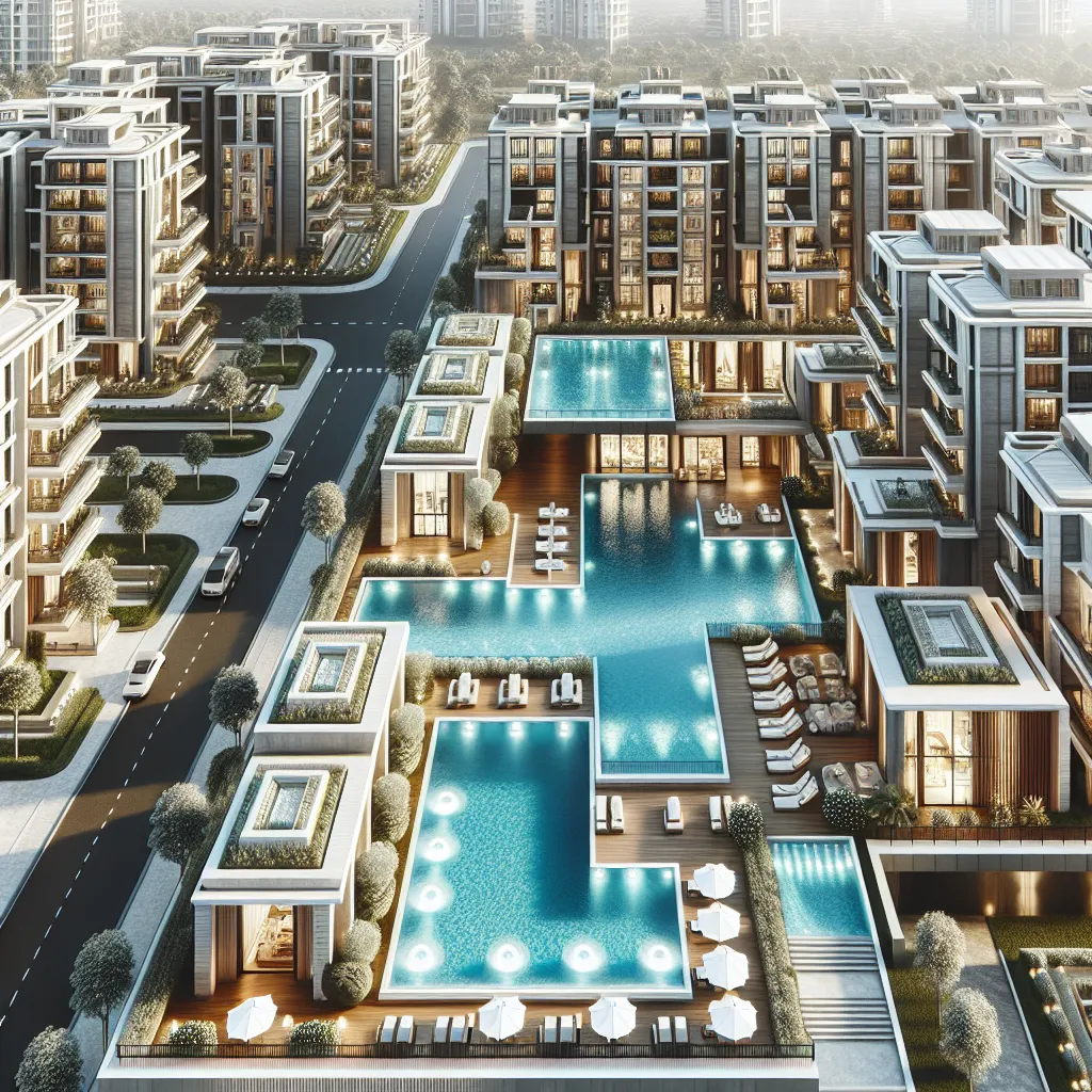 Aerial view of a modern luxury apartment complex with multiple pools, lounge chairs, greenery, and several mid-rise buildings along a wide, tree-lined street with cars.