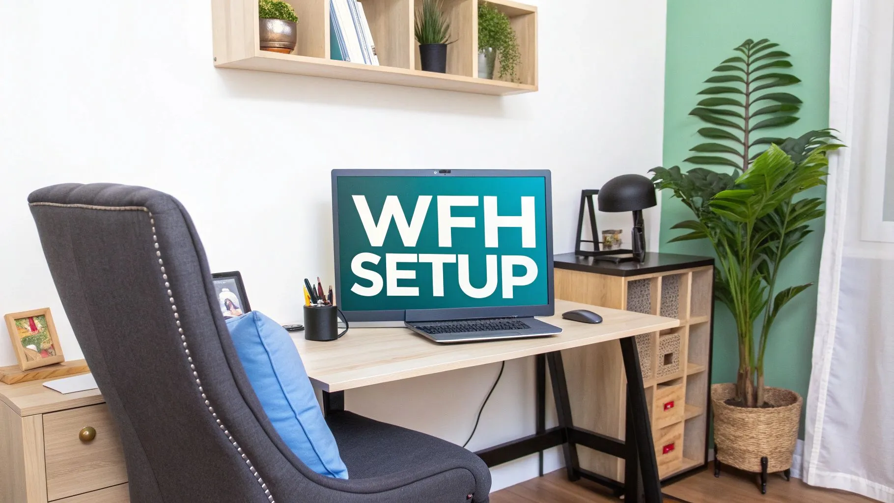 A home office with a desk, computer monitor displaying 