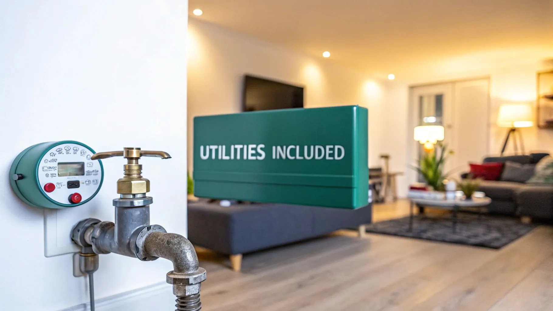 A water meter attached to a wall in a modern living room, with a couch, TV, plants, and a sign reading 