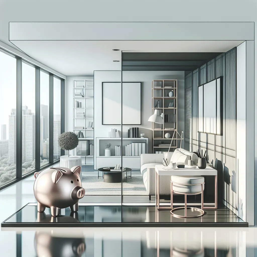 A modern, minimalist office with floor-to-ceiling windows, a sofa, bookshelves, and a large pink piggy bank on a glass surface in the foreground. Cityscape views are visible outside.