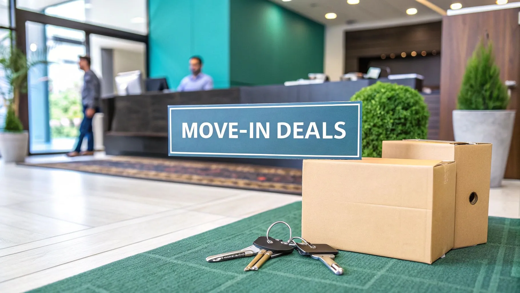 A cardboard box and a set of keys on a mat in the lobby of a building, with a 