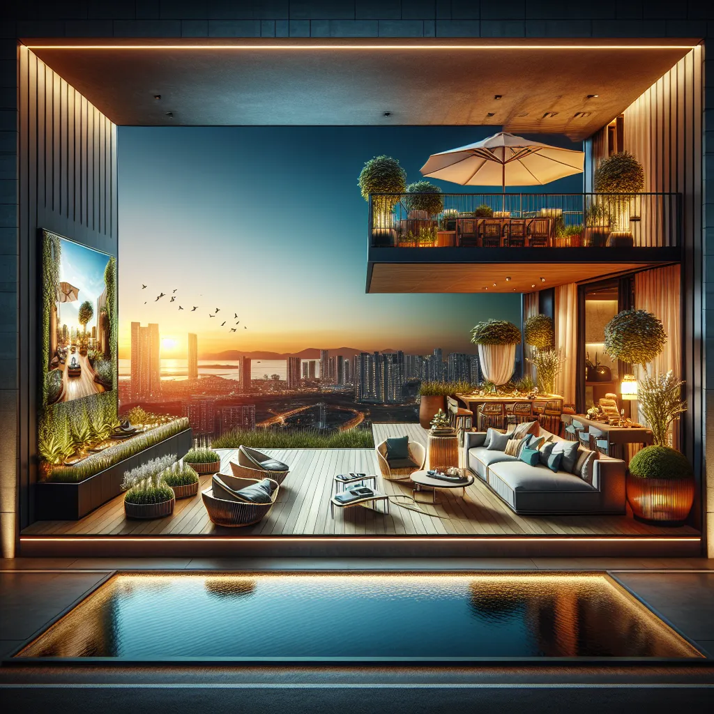 A luxurious modern balcony with stylish furniture, lush plants, a pool, and elegant lighting overlooks a city skyline at sunset, creating a serene and inviting atmosphere.
