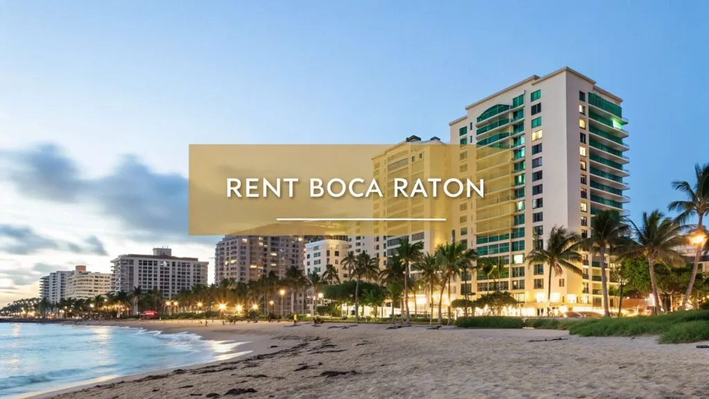 A beachfront view of high-rise apartments and palm trees at sunset in Boca Raton, Florida, with the text 