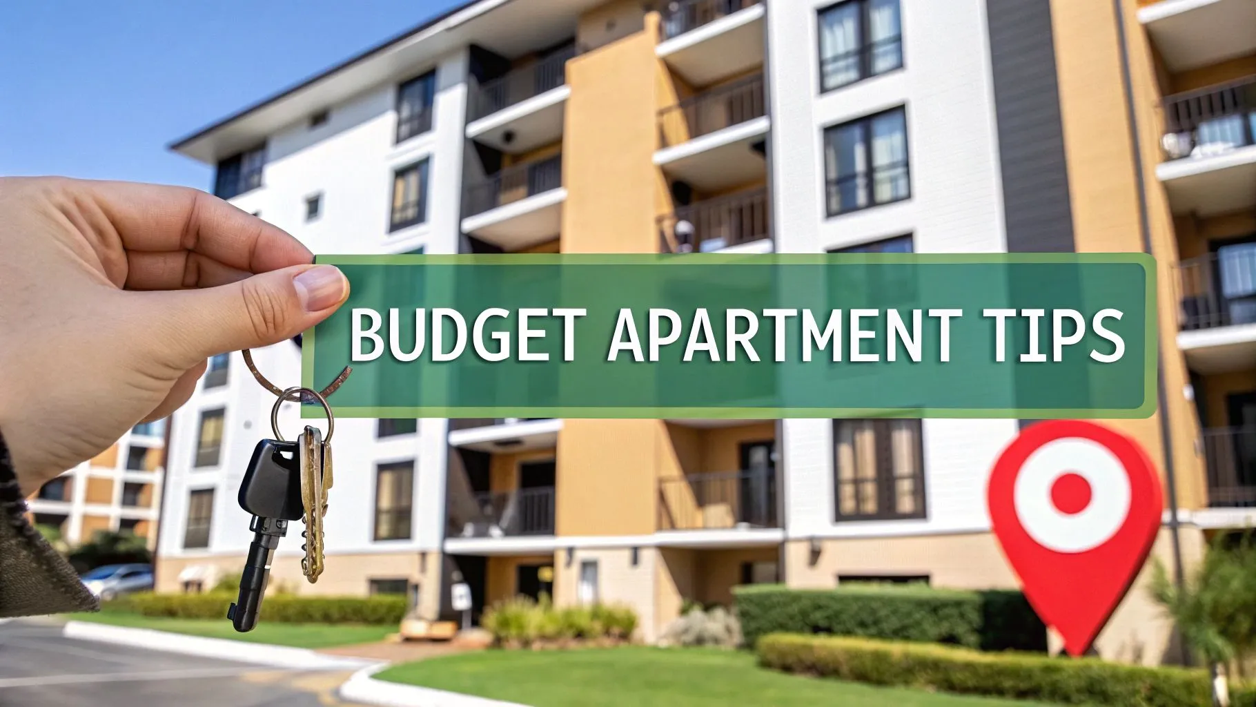 A hand holds keys in front of a modern apartment building, with the text