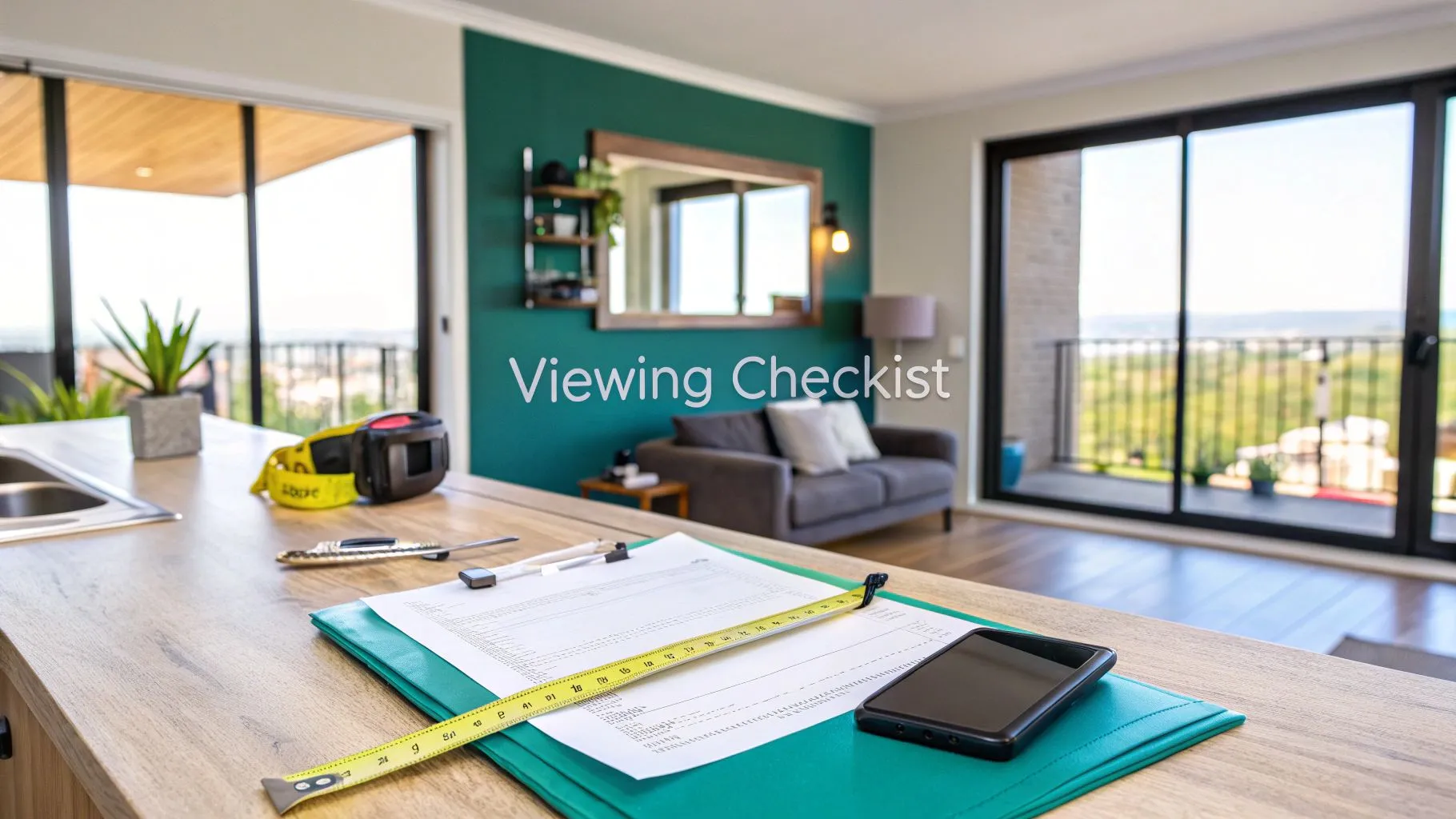 A modern, bright living room with large windows and a balcony. On the kitchen counter in the foreground are a clipboard, tape measure, pen, phone, and keys. Text on the image reads 