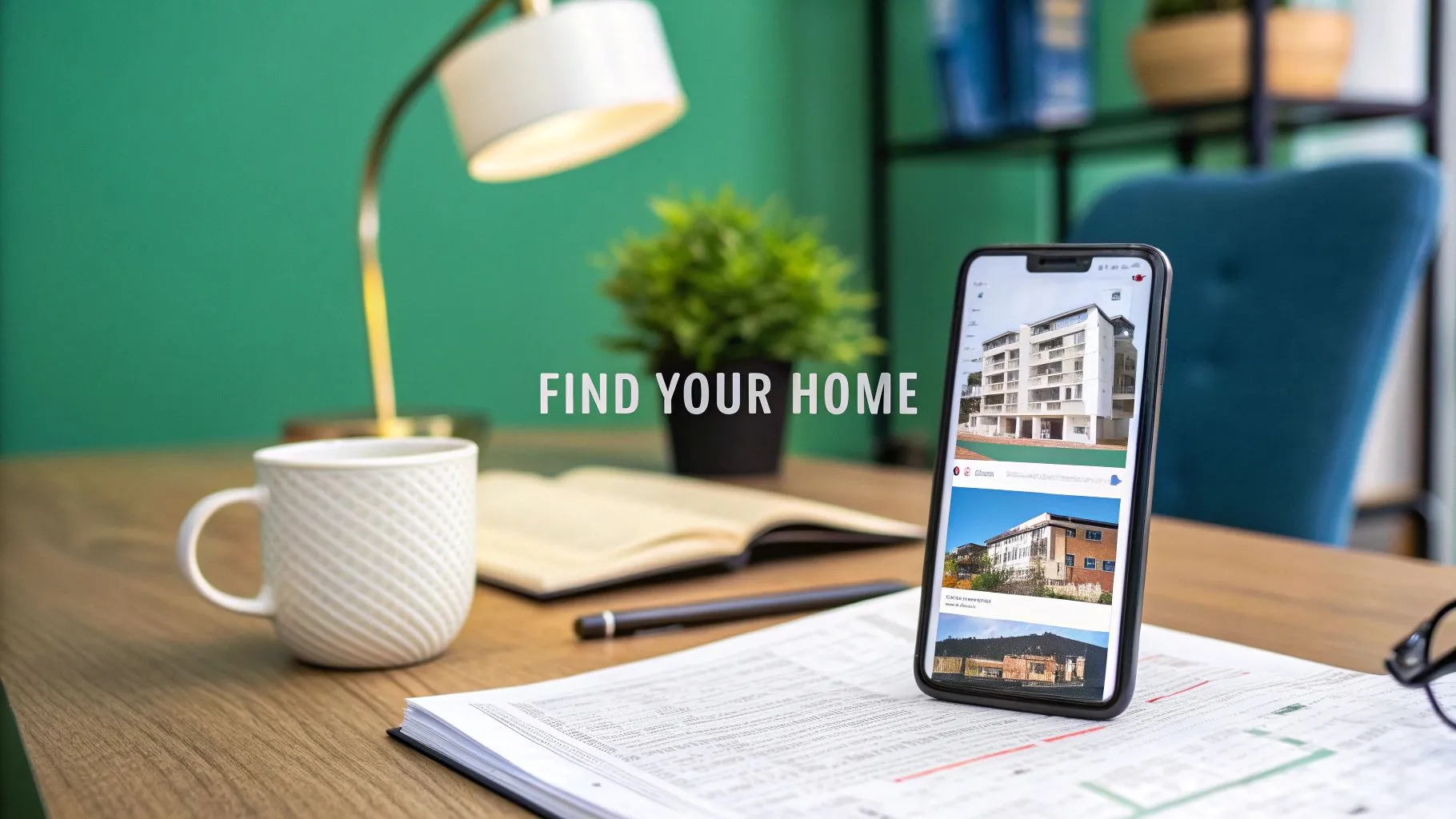 A smartphone displaying real estate listings stands on documents beside a coffee mug, pen, and open book on a desk with a lamp and plant. The words
