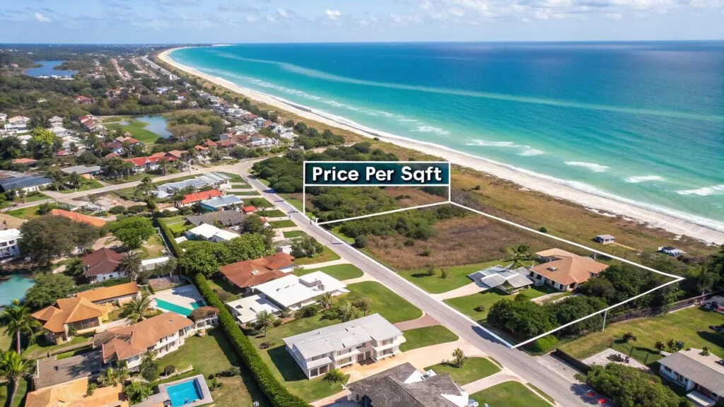 Aerial view of coastal residential area with houses near a long sandy beach and turquoise ocean; a plot of land is outlined and labeled 