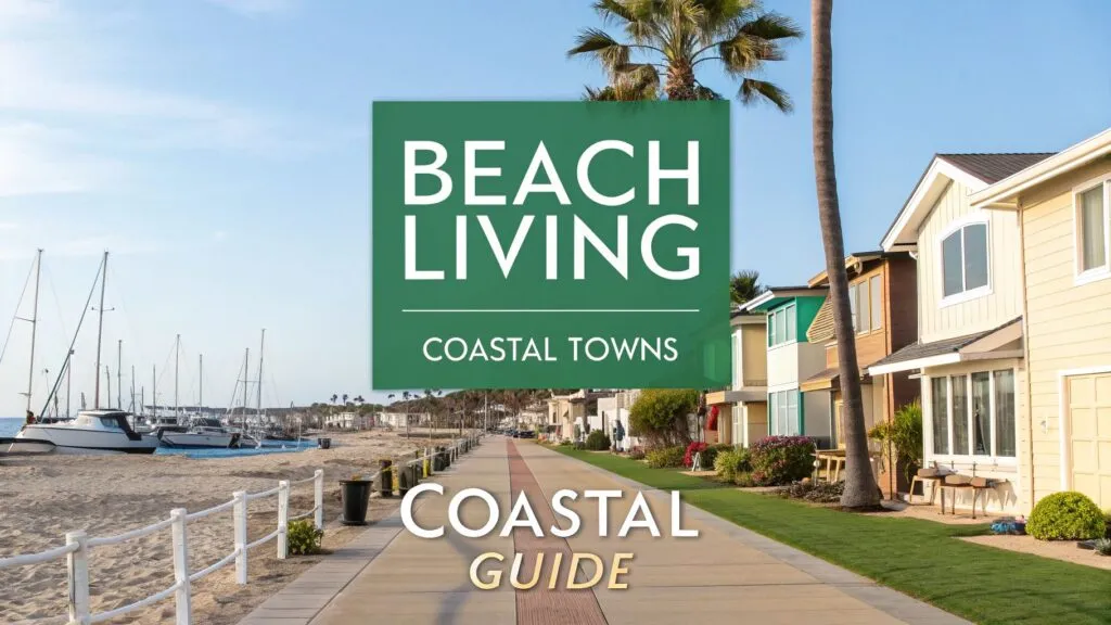 A sunny coastal walkway lined with palm trees, colorful houses, and docked sailboats along the beach. The text reads, 