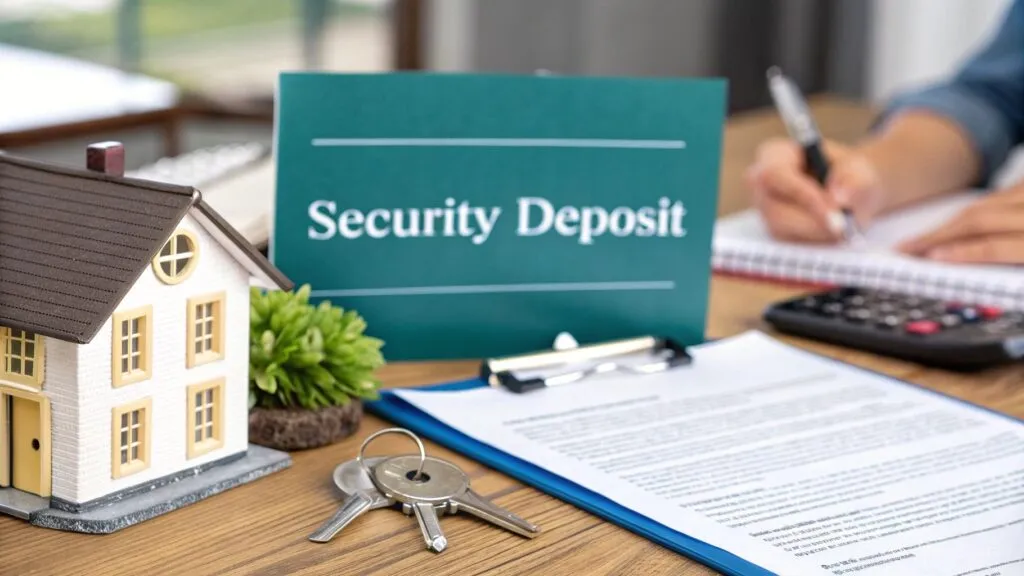 A desk displays a small model house, keys, a clipboard with papers, a plant, and a sign reading 