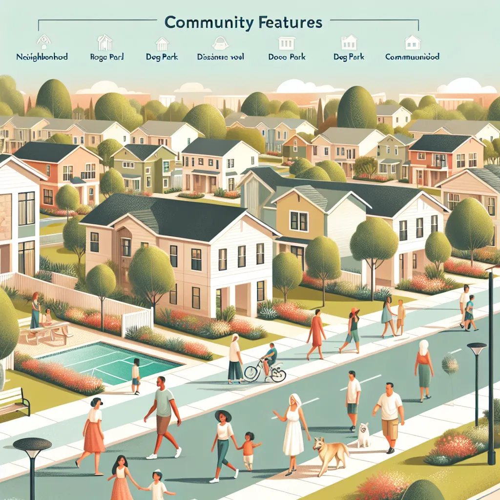 A vibrant suburban neighborhood with people walking dogs, families strolling, kids playing, and a pool. Icons above list features: neighborhood, pool, dog park, walking trails, and communal spaces.