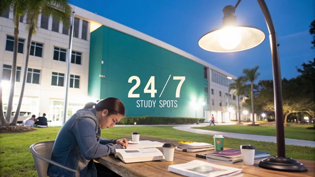 A student studies at an outdoor table with books and coffee at night. Behind her, a large, modern academic building is lit up, with 