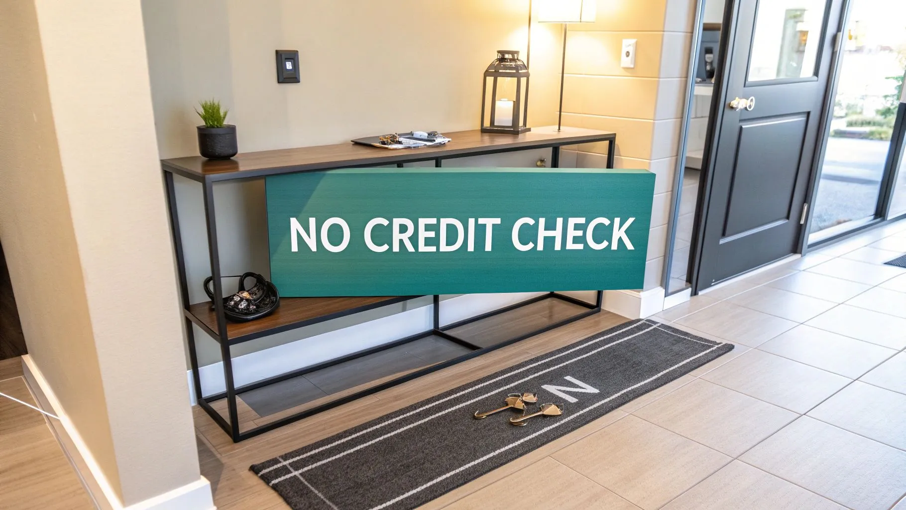 A wooden console table in an entryway displays a green sign reading 