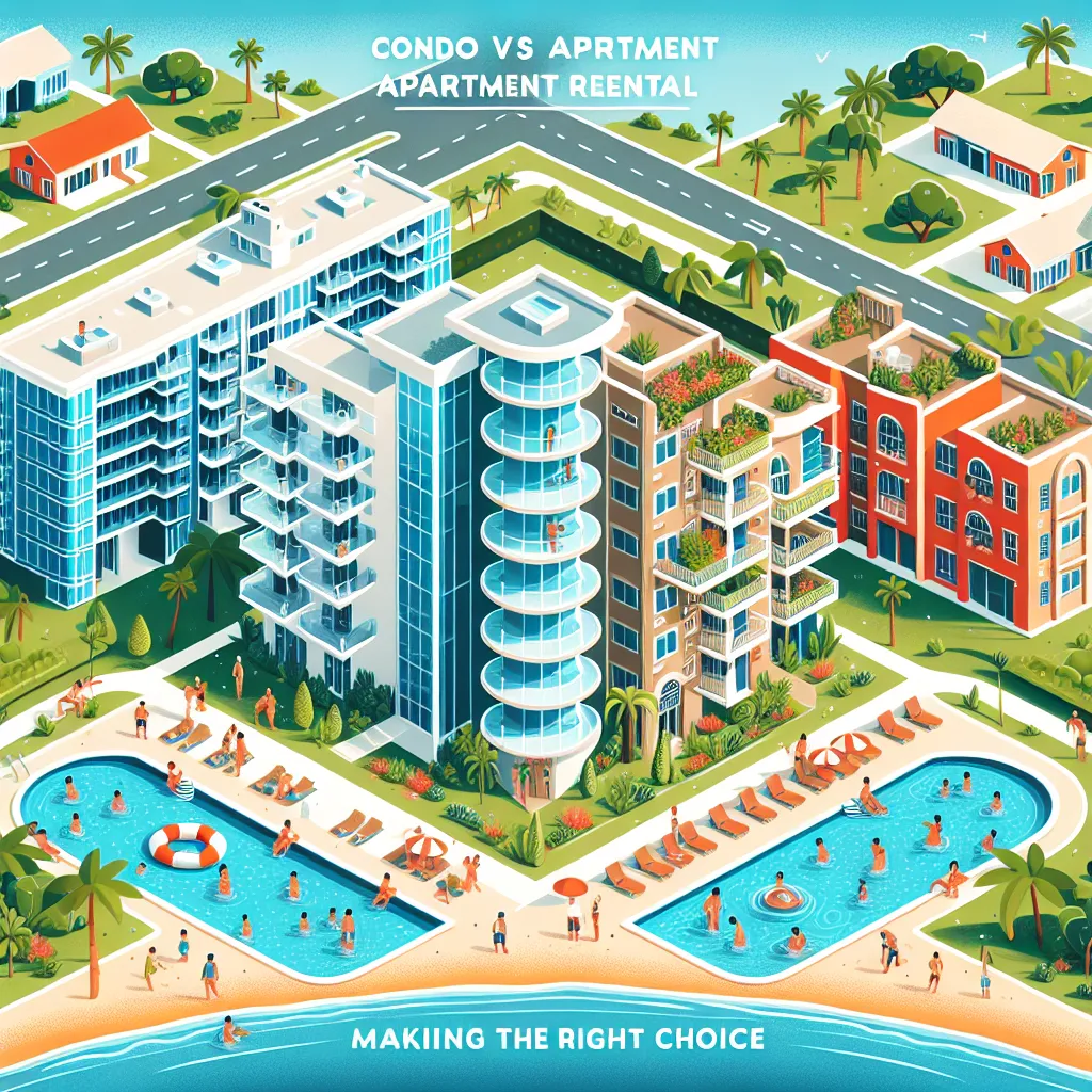 A vibrant illustration shows a modern condo building and a stylish apartment complex next to each other, with a shared pool area where people swim and relax. Text reads: 