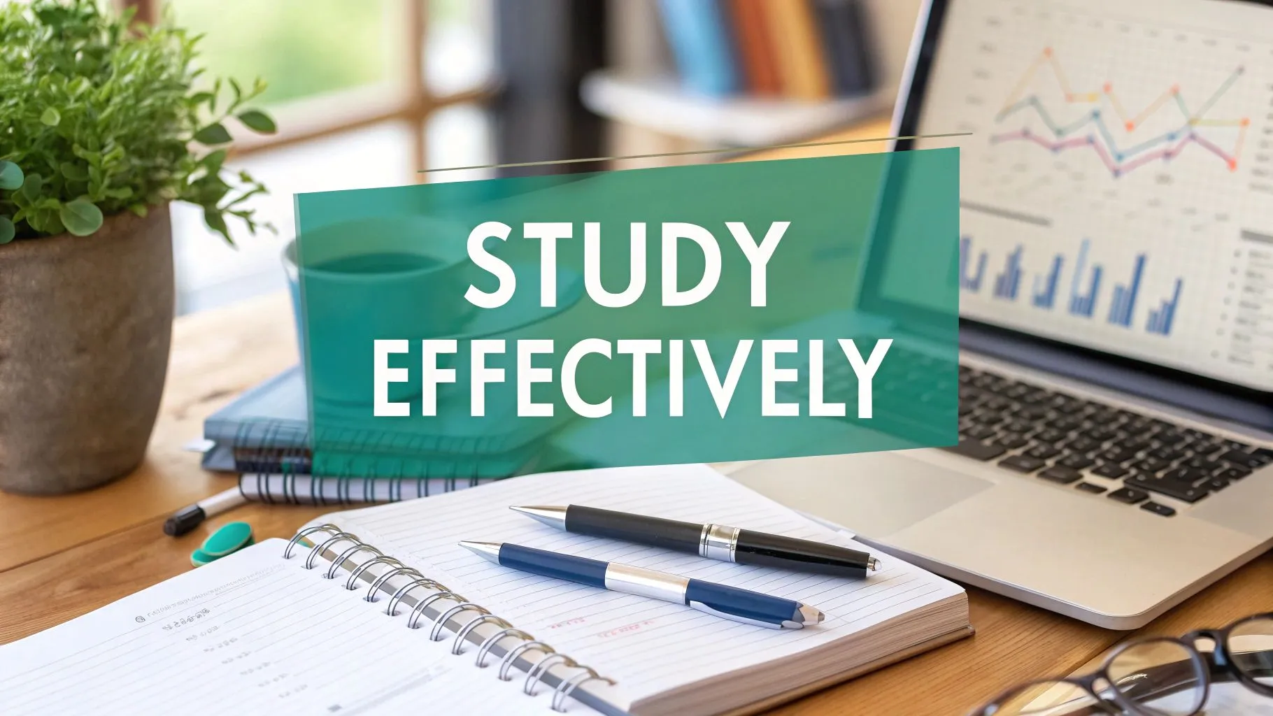 An open notebook with pens, a potted plant, and a laptop displaying charts on a wooden desk. The words