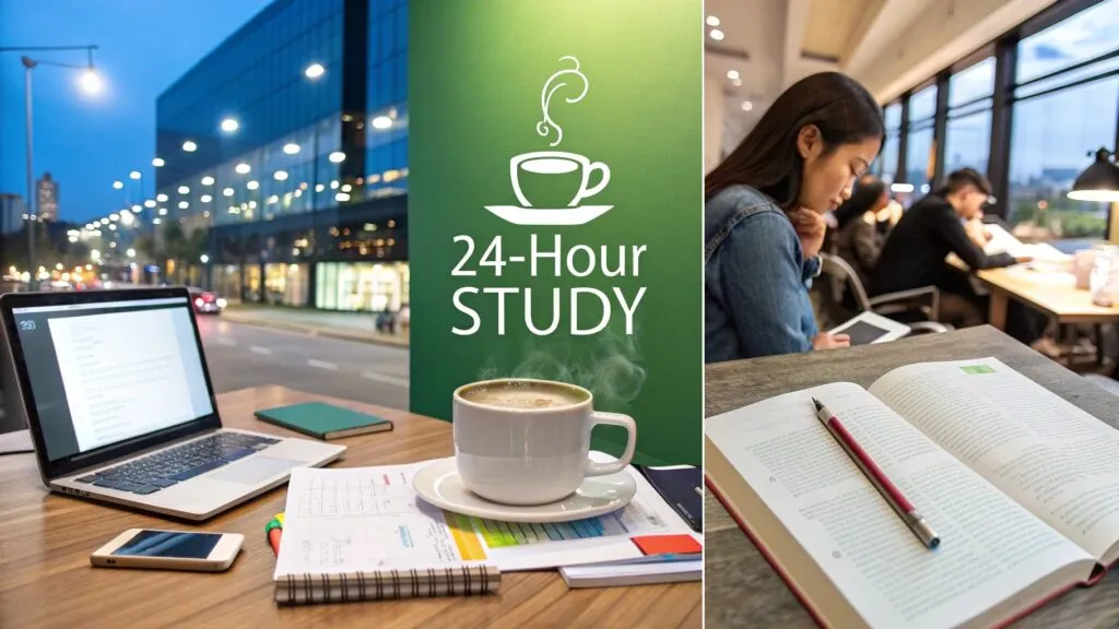 A split image: on the left, a laptop, coffee, and study materials on a desk by a window with city lights and a 