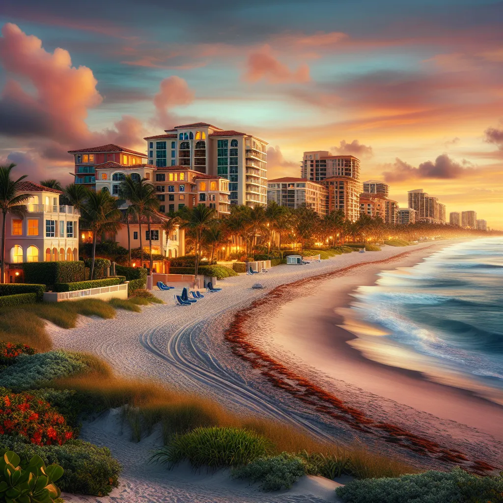 A vibrant sunset over a sandy beach lined with modern beachfront condos, palm trees, and beach chairs; gentle waves wash ashore while lights from the buildings create a warm, inviting atmosphere.
