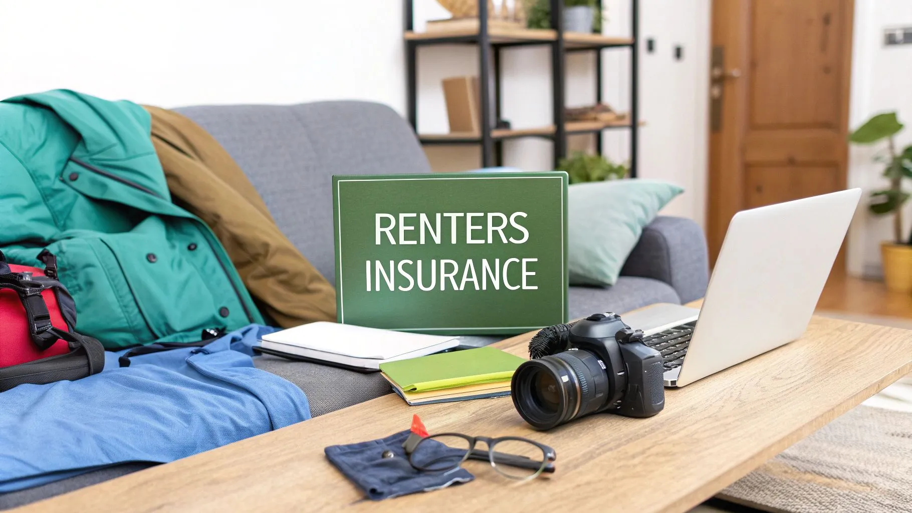 A living room with a couch, scattered clothes, a camera, laptop, notebook, and glasses on a coffee table. A green sign on the table reads 